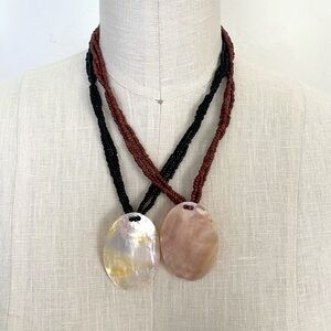 Bundle - 2 Statement Necklaces Beaded Black and Brown with Shell Pendant Women's